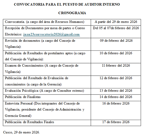 CONVOCATORIA 01-2026 - AUDITOR INTERNO